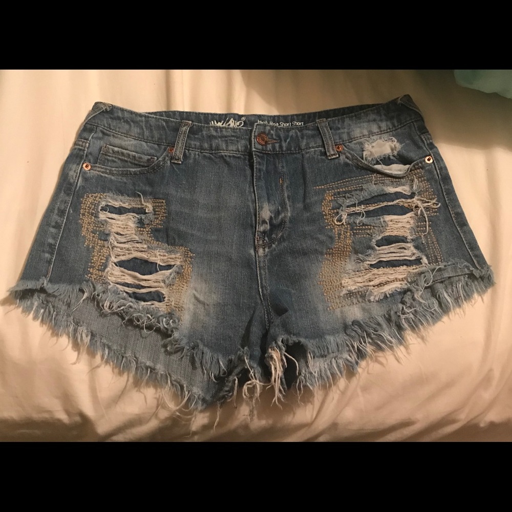 Distressed denim shorts